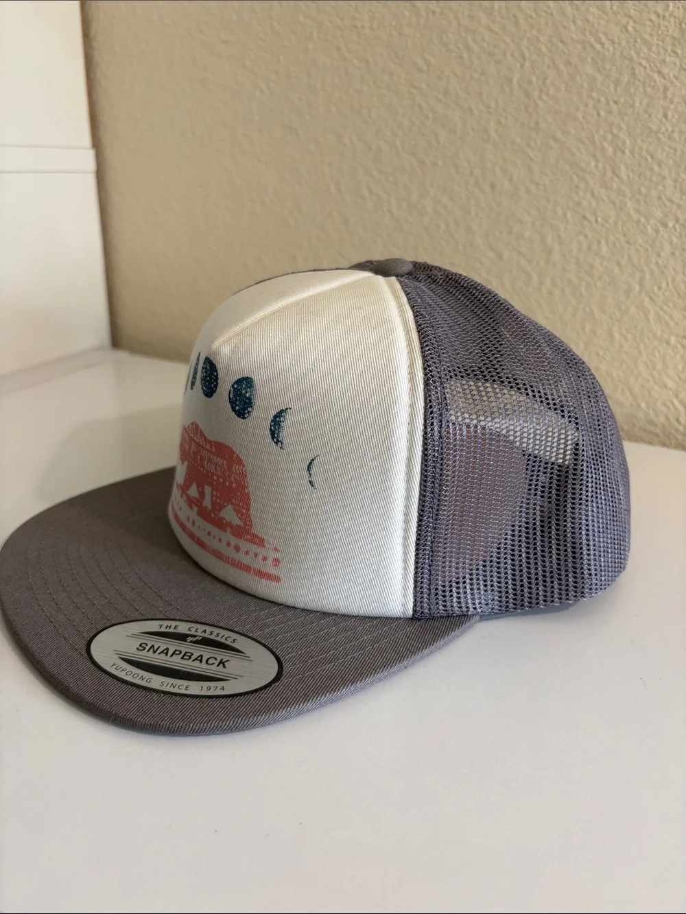 Trucker Snapback Hat - White & Brown with Moon Phases and Bear